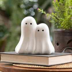 'Halloween-Themed Hand-Painted Wood Sculpture of Two Ghosts'
