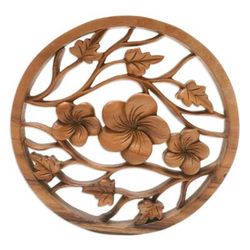 'Hand-Carved Wood Relief Panel with Frangipani and Leaf Motif'