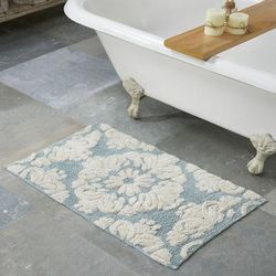 Wide Width Medallion Collection 100% Cotton 17" X 24" Rectangle Bath Rug by Brylane Home in Blue Natural (Size 24" W 40" L)