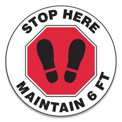 Accuform MFS388ESP Slip-Gard Social Distance Floor Signs, 12" Circle, "Stop Here Maintain 6 Ft", Footprint, Red/White, 25/Pack - Pack of 25 GN1MFS388