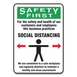 Accuform® MGNG909VPESP Social Distance Signs, Wall, 10 x 7, Customers and Employees Distancing Clean Environment, Humans/Arrows, Green/White, 10/P GN1