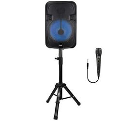 Qfx 12-In. 21-Watt True Wireless Stereo Bluetooth Rechargeable Speaker With Wired Microphone & Stand, Black, Pbx-1206Sm