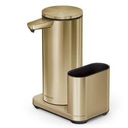 Simplehuman Touch-Free Rechargeable Sensor Liquid Soap And Hand Sanitizer Dispenser, With Caddy, 14 Oz, Brass