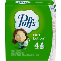 Puffs Plus Lotion 2-Ply Facial Tissues, White, 56 Sheets Per Box, Pack Of 4 Boxes