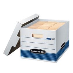 Bankers Box Stor/file Medium-Duty Storage Boxes With Locking Lift-Off Lids And Built-In Handles, Letter/legal Size, 15“ X 12" X 10", 60% Recycled, White/blue, Case Of 4