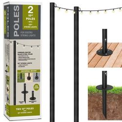Global Outdoor String Light Poles With 50-Light 50' Led Plug-In Globe Bulb String Lights, 10', Black, Pack Of 2 Light Poles