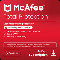 Mcafee Total Protection Antivirus & Internet Security Software, 5 Devices, 1-Year With Auto-Renewal, Digital Download