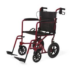 Medline Basic Aluminum Transport Chair with Permanent Full-Length Arms, Swing-Away Footrests and 12" Wheels, Red, 1/CS (MDS808210ARE)