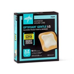 Medline Optifoam Gentle Silicone-Faced Foam Dressing with Liquitrap Super Absorbent Core, 4" x 4", in Educational Packaging, 10/BX (MSC2344EPZ)