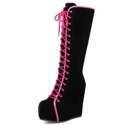 Bottes hautes au genou pour femmes, plateforme, talons compensés sexy, bottes hautes à lacets, Parker rond, chaussures de danse noires pour filles, mode