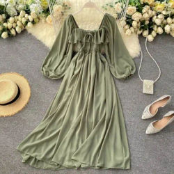 Robe mi-longue en mousseline de soie pour femme, col carré, manches bouffantes, robes rétro françaises, vert, monochromatique, élégant, printemps, automne, nouveau style