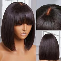 TEMU Bob Wig With Bangs Human Hair 150 Density 4x2 Straight Short Bob Wig Human Hair Glueless Realistic Look Hd Lace Human Hair Bob Wig For Women With Baby Hair