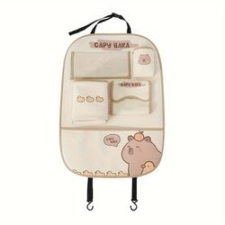 TEMU [] Capybara Car Seat Organizer - Pu Leather, Multi-functional Storage With Tissue Holder & Trash Bin, Cute Cartoon Design, Anti-dirty & Kick-resistant For ' Seats