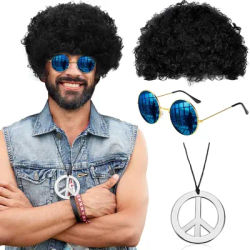 Mens Synthetic Wigs Hat 3 Pcs Set Wig Sunglasses Necklace Funny Disco Hippie Curly Short Hair Halloween Cosplay Party Props