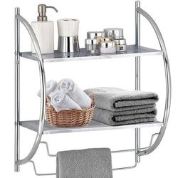 TEMU & Brown 2 Tier Modern Wall Mounted Curved Bathroom Shelf Shelving With Double Towel Holder Storage Rail Rack
