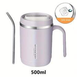 TEMU 500ml Insulated Coffee Mug Travel Cup Thermal Stainless Steel With Straw