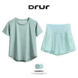 DRUR 2pcs Sport Set Women 2 Piece Running Suit Summer Sportswear Outfits Short Sleeve Gym Tops Shorts Sets Woman Fitness Clothes