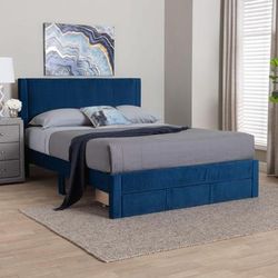 Elora Modern Pleated Velvet Queen Size Storage Bed by Wholesale Interiors INC in Navy (Size ONE SIZE)
