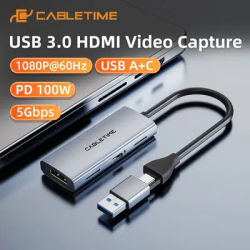 CABLETIME USB 3.0 HDMI Video Capture PD 100W 5Gbps USB A+C Aluminum 1080p Full HD for PS5 Srteaming Switch 1/2 Capture Card