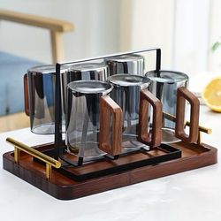 TEMU 4 Or 6 Glass Cup Set With High Temperature Resistant Wooden Handle, Tea And Water Cups For Living Room Drinking, Home Hospitality Water Cup Set