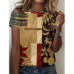 Per donna maglietta Fantasia geometrica Piante Informale Manica corta Rotonda Top regolari Giornaliero Stampa Rosso Estate