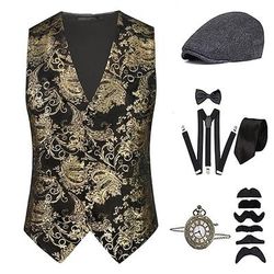 Anni 1920 Ispirato al vintage Il grande Gatsby Costume da festa Set di accessori Senza maniche Stampa Senza colletto Costume Per uomo Halloween Festa Sera Casual Quotidiano Adulti Gilet Cappello