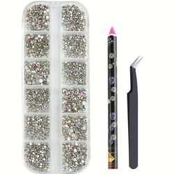 TEMU Ab Nail Rhinestones Set Flat Bottom Clear Gems Diy Nail Art Decorations Strass Stones With Nails Crayons, Tweezers Nail Charms Nail Supplies
