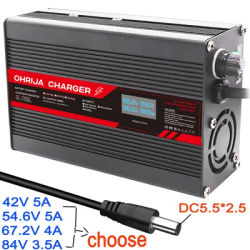 OHRIJA DC 36V 48V 5A Lithium Charger 42V 54.6V 5A For 13S 48V Li-ion Battery Charger DC2.5 Connector 67.2V 84V 3.5A Charger OLED