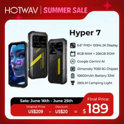 HOTWAV Hyper 7 5G Rugged Phone 6.6'' FHD+ 2K Display 10800mAh Mobile Phone 280LM 64MP Smartphone 8GB 256GB Android 14 Cellphone