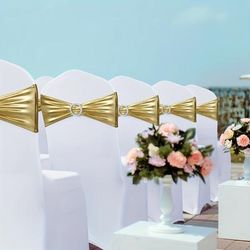 TEMU 20pcs Elegant Golden Stretch Chair Sashes With Crystal- Bow - Fit, Elastic Polyester Chair Covers For Weddings, Parties, Anniversaries Decor