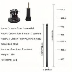 TEMU Adjustable Extension Pole /118in Carbon Fiber Invisible Pole With 1/4 Inch Screw, Compatible With 360×3×4 Sports Camera Handheld Panoramic Selfie Pole