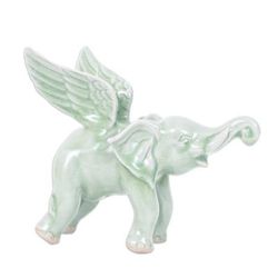 Winged Jade,'Handmade Crackled Celadon Ceramic Winged Elephant Figurine'