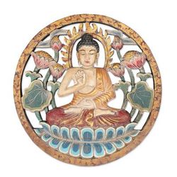 'Hand-Painted Lotus-Themed Suar Wood Relief Panel of Buddha'