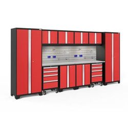 Newage Products Bold 3.0 Series 12-Piece Garage Cabinet Set With 2X Rolling Tool Cabinets, Red / Stainless Steel Worktop / LED Lights + Slatwall Backsplash + Hook Kit
