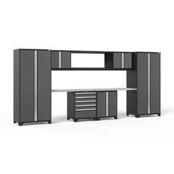 Newage Products Pro 3.0 Series 9-Piece Garage Cabinet Set With 56" Integrated Display Shelf, Grey / Stainless Steel Worktop