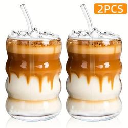 TEMU Adorable Ribbed Glass Cups With Straw, 16oz Wave Shape Ripple Glassware For Iced Coffee, Latte, Water, Matcha, Juice – Unique Drinking Glasses, Perfect Gift For