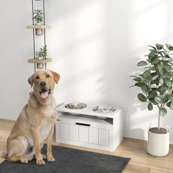 TEMU Raised Dog Bowl, Elevated Dog Bowls With Slow Feeder Dog Bowl & 2 Stainless Steel Bowls, 25l Storage Drawer, Dog Feeding Station For Large & Extra Large Dogs, White