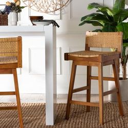 Asgart Bohemian Natural Rattan and Mahogany Wood Bar Stool by Wholesale Interiors INC in Light (Size ONE SIZE)