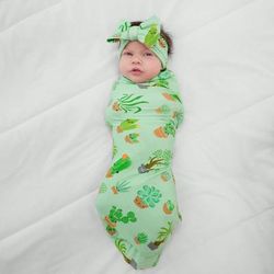 Succulent Love Swaddle & Luxe Baby Girl Soft & Stretchy Bamboo Bow Headbands Set - OSFA