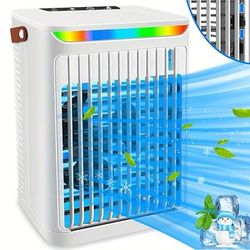 TEMU Portable Air Conditioner Mobile Mini Fan, Evaporative Cooler And Humidifier, 3-speed Fan, Personal Cooling, Adjustable Rotating Fan, Timer, And 7led Light, Suitable For Home Office - White/black