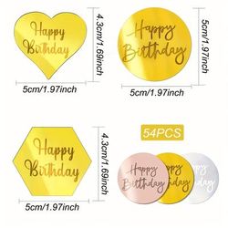 TEMU 54pcs Acrylic Cupcake Toppers, Mirror Acrylic Cake Toppers Happy Birthday Cake Toppers, Round Birthday Engraved Topper Charms, Hexagon Heart Acrylic Cake Disc For Diy Cupcake Decoration