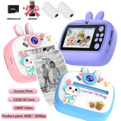 Children Digital Camera Instant Print for Kids Thermal Print Rabbit Camera Instant Photo Printing Camera Video Toys+32G Memory C