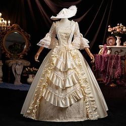 Vintage Rococò Rinascimento Maxi Vestito Normale A sbuffo Principessa Sposa Pieghettato Con Volant Principessa Girocollo Costume Per donna Halloween Carnevale Mascherata Feste Halloween Performance