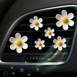 TEMU 6pcs Yisi Cute White Daisy Car Air Freshener For Women - Colorful Small Fresh Flower Decor With Green Glitter, Ideal For Car Air Conditioning And Gifts, Fragrance Tablets, Fragrance Tablets