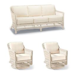 Hampton 3-pc. Sofa Set with Two Swivel Lounge Chairs in Ivory Wicker - Standard, Resort Stripe Air Blue - Frontgate