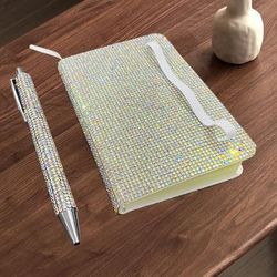TEMU A A6pu Business Notebook Covered In Diamonds, A Diamond-studded Press Pen, A Diary Notebook, A Leather Cover, Personalized With A Bookmark And A Pen Holder.