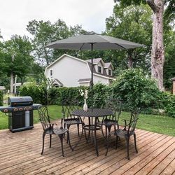 TEMU 5 Pieces Outdoor Dining Table Set, Cast Aluminium Patio Conversation Furniture Set With 4 Armchairs, A Round Dining Table With Parasol Hole, Brown
