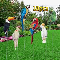 TEMU 2d Flat, 18pcs 2d Parrot Garden Decorative Ground Stakes Suitable For Pathway, Potted Plants, And Courtyard Decoration Gift Set, 2d Flat