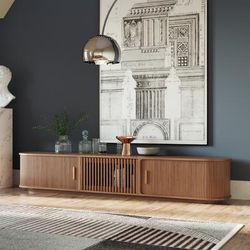 94.49"Mid-Century Modern Tambour Door TV Stand, Walnut Color on the Ground TV Console, Ash Rolling Door Media Console