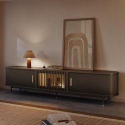 94.49"Mid-Century Modern Tambour Door TV Stand with LED Lights, LED TV Stand,Black TV Console, Rolling Door Wood Media Console with legs.